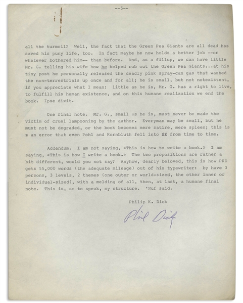 Manuscript Signed by Philip K. Dick on How to Write a Novel -- Unpublished 5pp. Manuscript by Dick Outlines ''This is how I write a book''